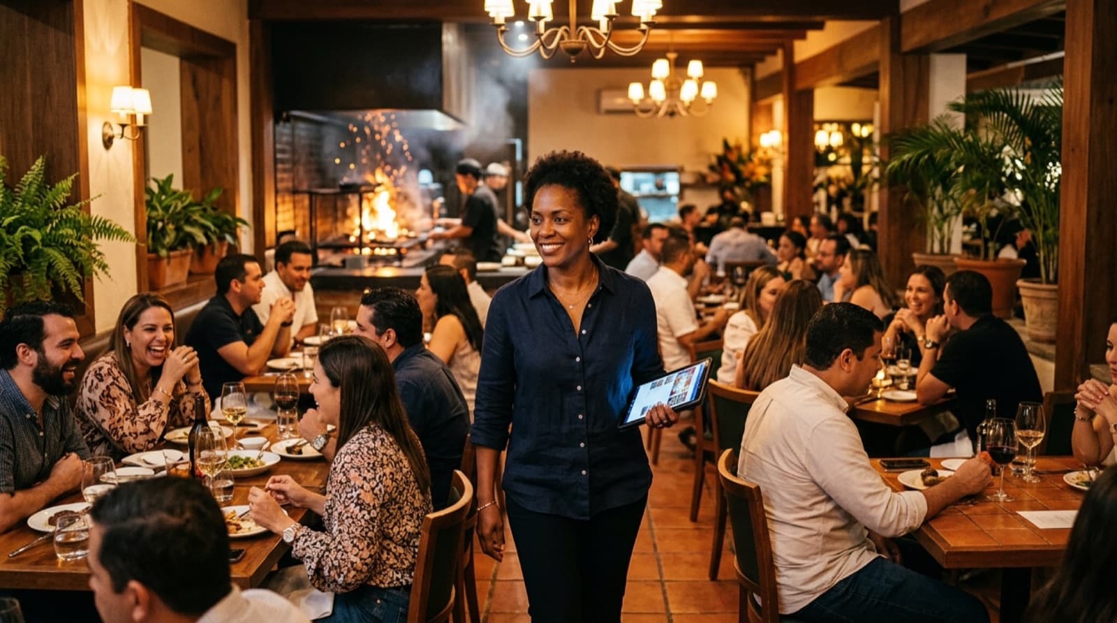 Una parrilla llena un viernes en la noche: la encargada camina entre las mesas con una tableta