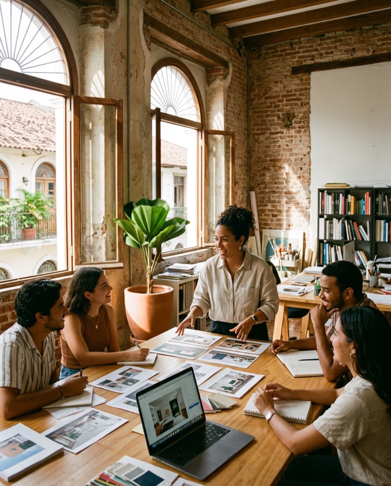 Un estudio creativo en el Casco Antiguo: el equipo revisa piezas impresas alrededor de una mesa