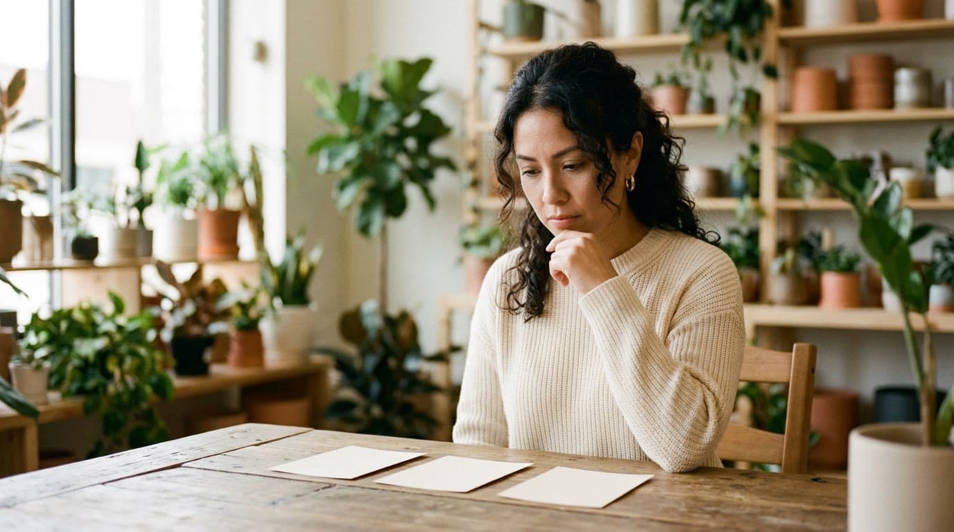 Dueña de una tienda de plantas compara tres opciones sobre la mesa de su local