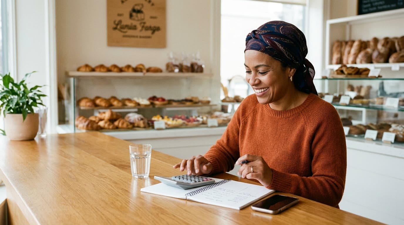 Dueña de una pastelería revisa con calculadora y libreta el presupuesto del mes