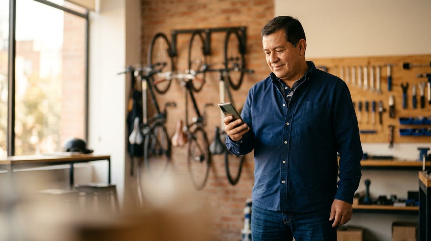 Dueño de una tienda de bicicletas aprueba desde su celular lo que se va a publicar